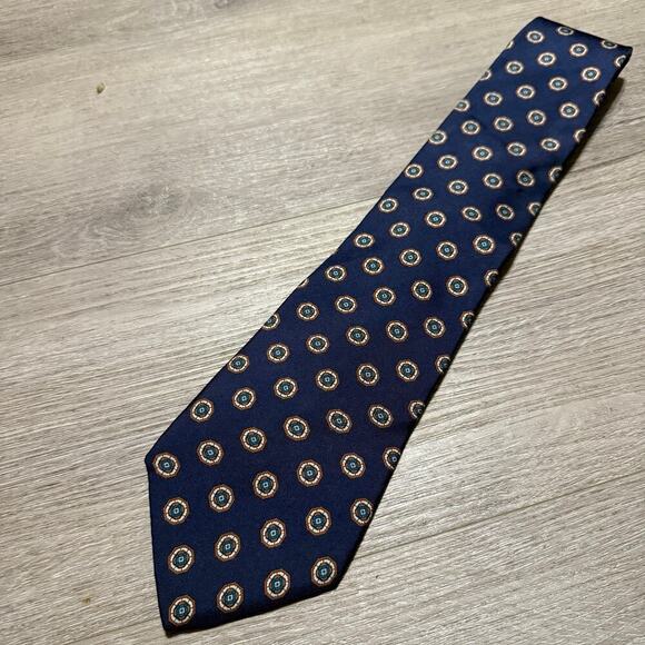 Mario Valentino Vintage Silk Tie Geometric Navy Blue Made in USA Italian Silk - Picture 1 of 8